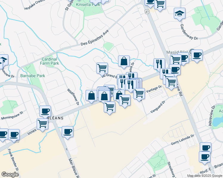 map of restaurants, bars, coffee shops, grocery stores, and more near 4275 Innes Road in Ottawa