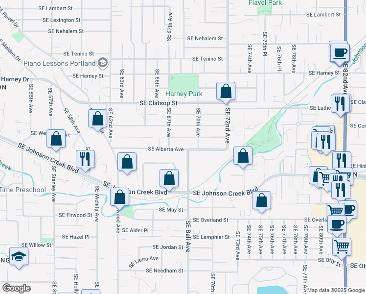 map of restaurants, bars, coffee shops, grocery stores, and more near 6791 Southeast Alberta Avenue in Portland