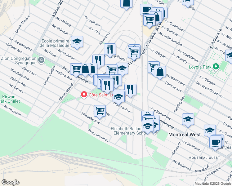 map of restaurants, bars, coffee shops, grocery stores, and more near 7923 Westover Road in Côte Saint-Luc
