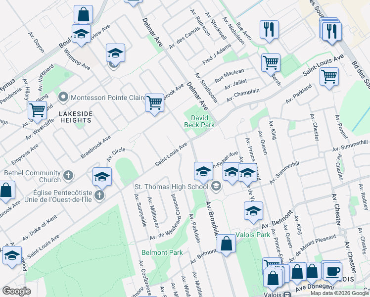 map of restaurants, bars, coffee shops, grocery stores, and more near 326 Avenue Saint-Louis in Pointe-Claire