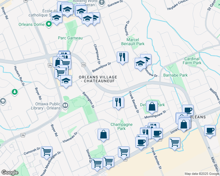 map of restaurants, bars, coffee shops, grocery stores, and more near 1702 Boisbriand Crescent in Ottawa