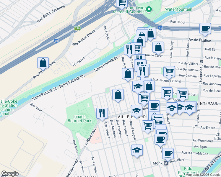 map of restaurants, bars, coffee shops, grocery stores, and more near 2852 Rue Jacques-Hertel in Montréal