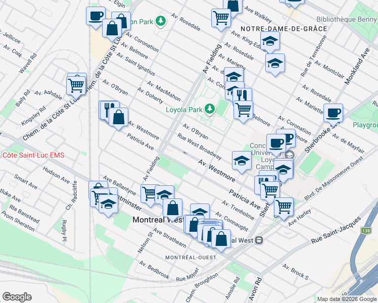 map of restaurants, bars, coffee shops, grocery stores, and more near 4893 Avenue Westmore in Montréal