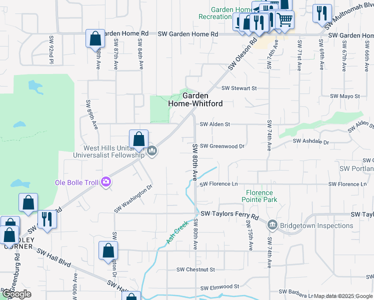 map of restaurants, bars, coffee shops, grocery stores, and more near 8397 Southwest 80th Avenue in Portland