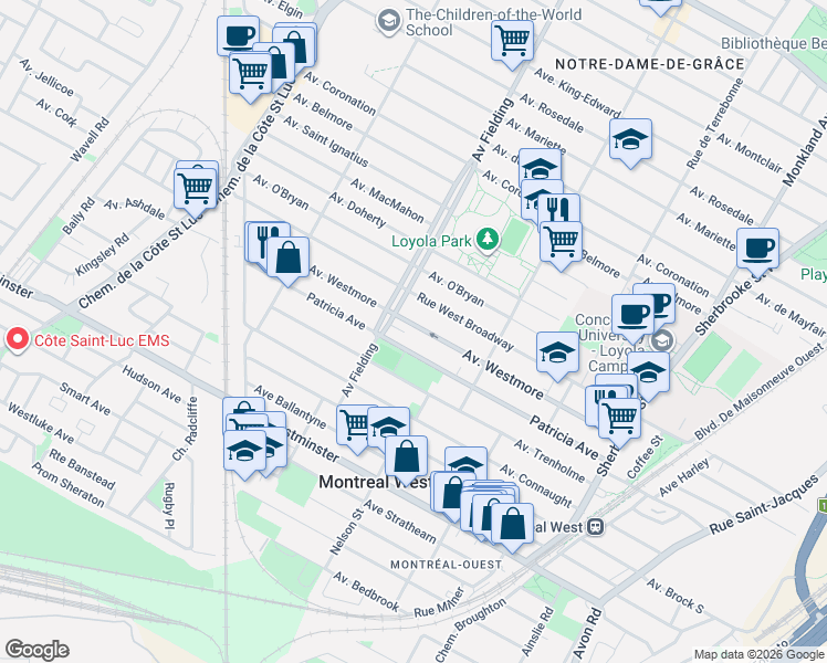 map of restaurants, bars, coffee shops, grocery stores, and more near 4988 Avenue Westmore in Montréal
