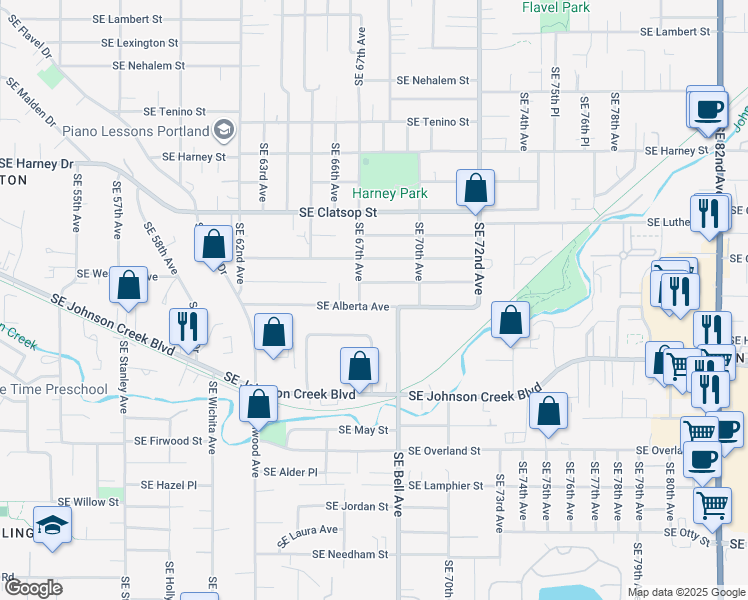 map of restaurants, bars, coffee shops, grocery stores, and more near 6744 Southeast Fern Avenue in Portland