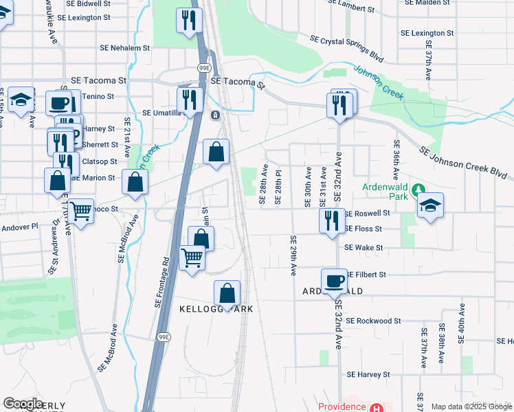 map of restaurants, bars, coffee shops, grocery stores, and more near 8822 Southeast Rockvorst Street in Milwaukie