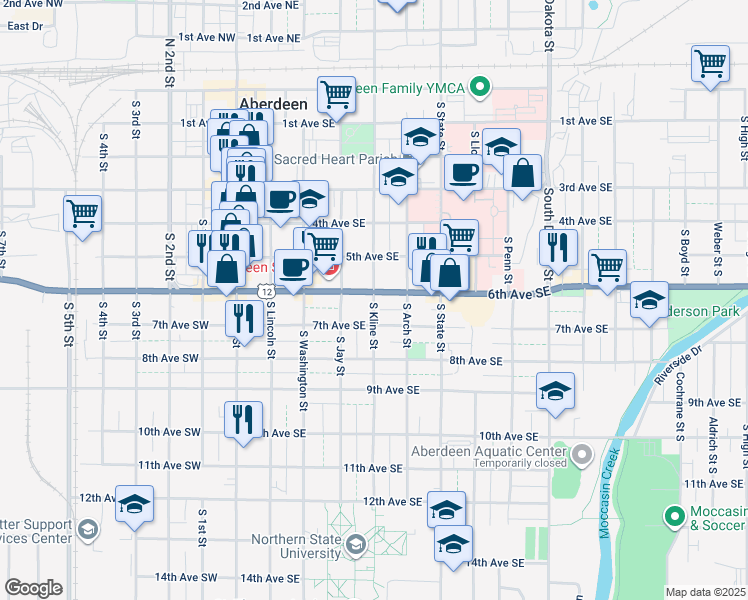 map of restaurants, bars, coffee shops, grocery stores, and more near 621 South Kline Street in Aberdeen