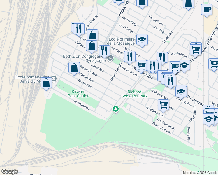 map of restaurants, bars, coffee shops, grocery stores, and more near 5621 Avenue Palmer in Côte Saint-Luc