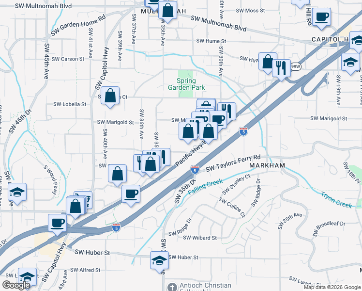 map of restaurants, bars, coffee shops, grocery stores, and more near 3405 Southwest Alice Street in Portland