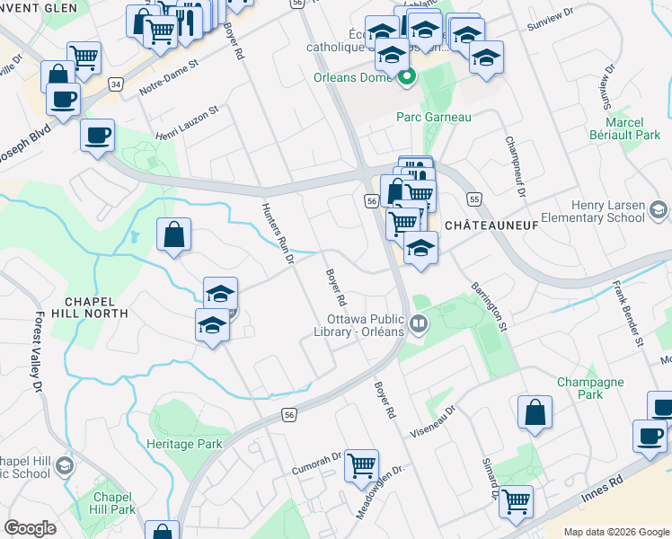map of restaurants, bars, coffee shops, grocery stores, and more near in Ottawa