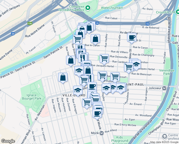 map of restaurants, bars, coffee shops, grocery stores, and more near 2370 Rue de Biencourt in Montréal