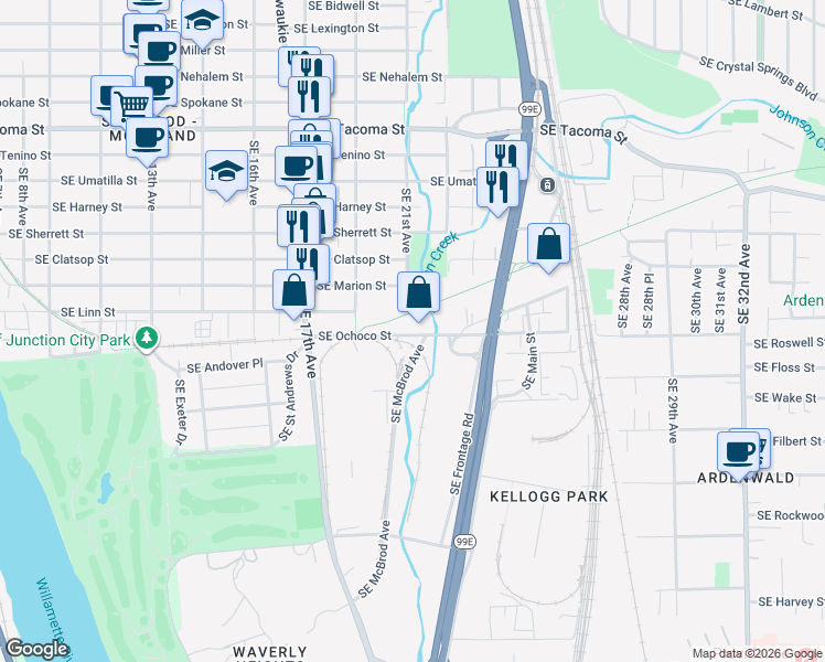 map of restaurants, bars, coffee shops, grocery stores, and more near 2105 Southeast Ochoco Street in Portland
