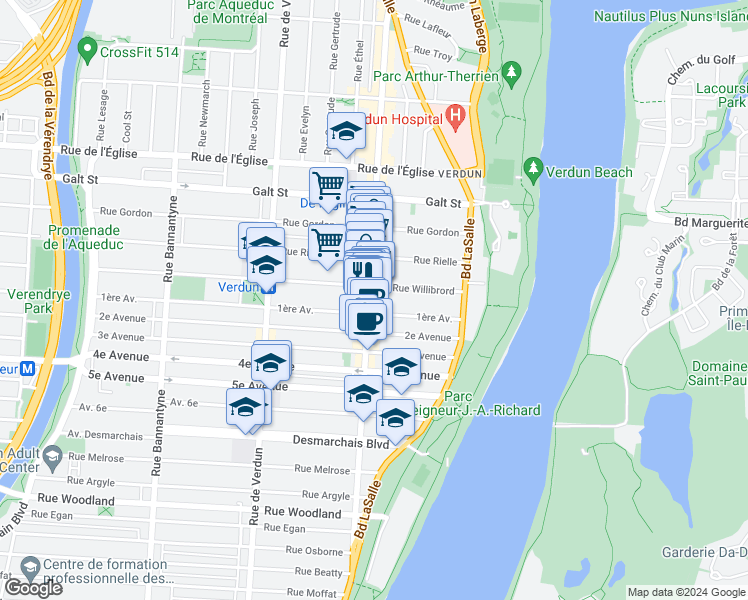 map of restaurants, bars, coffee shops, grocery stores, and more near 4548 Rue Wellington in Montréal