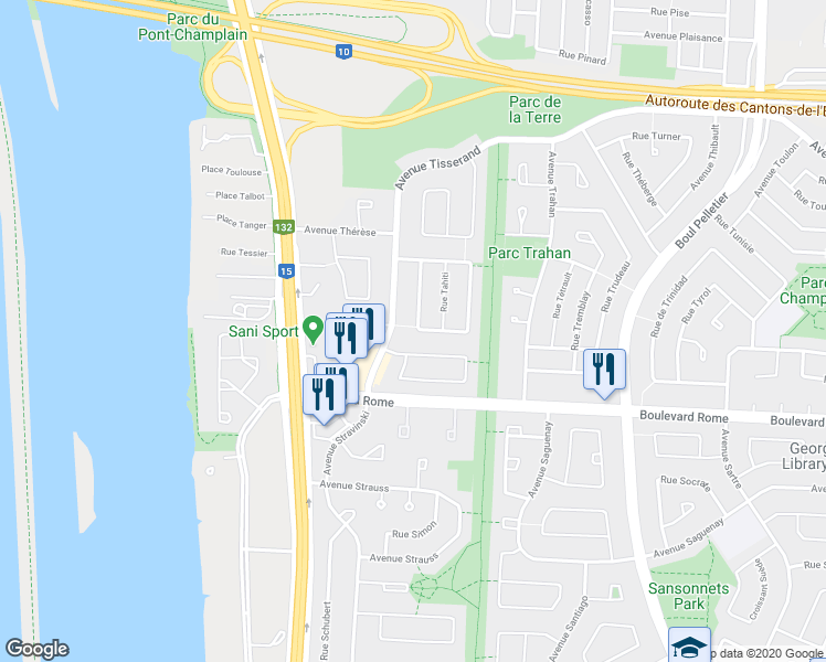 map of restaurants, bars, coffee shops, grocery stores, and more near 1885 Croissant Toscanini in Brossard
