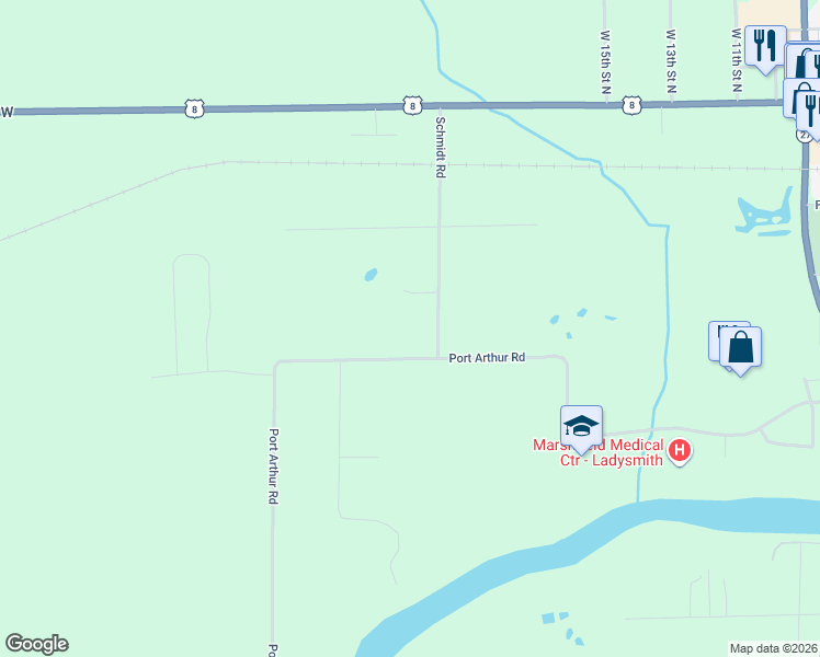 map of restaurants, bars, coffee shops, grocery stores, and more near N4715 Schmidt Road in Ladysmith