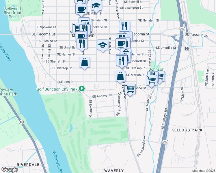 map of restaurants, bars, coffee shops, grocery stores, and more near 8831 Southeast 16th Avenue in Portland