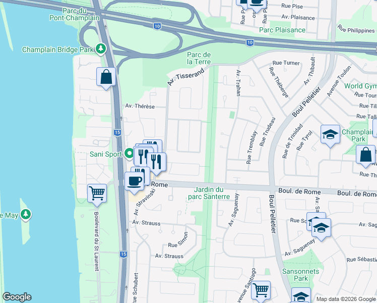 map of restaurants, bars, coffee shops, grocery stores, and more near 1785 Croissant Toscanini in Brossard