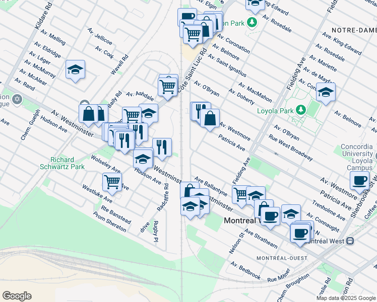 map of restaurants, bars, coffee shops, grocery stores, and more near 7505 Avenue Chester in Montréal