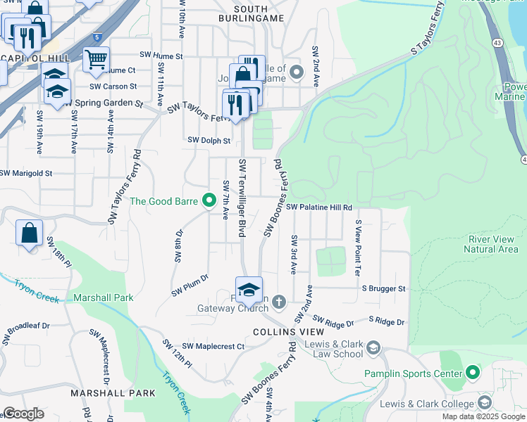 map of restaurants, bars, coffee shops, grocery stores, and more near 9140 Southwest 5th Avenue in Portland