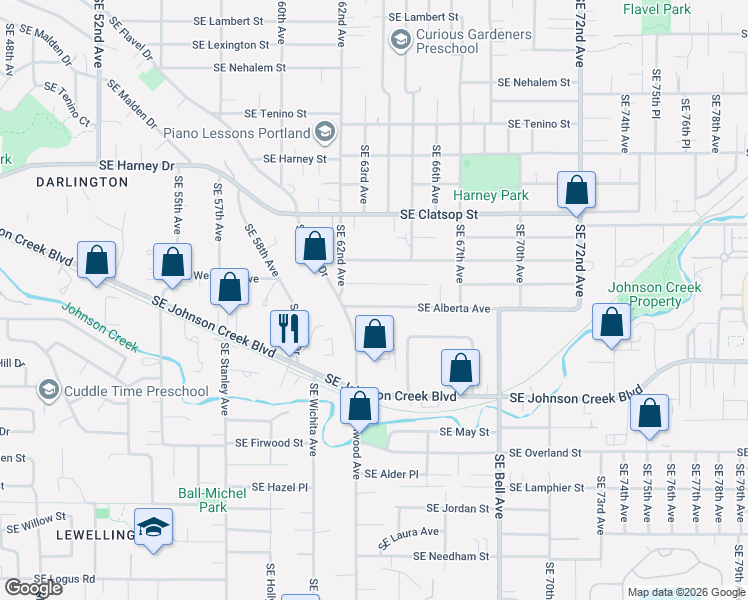 map of restaurants, bars, coffee shops, grocery stores, and more near 6307 Southeast Alberta Street in Portland