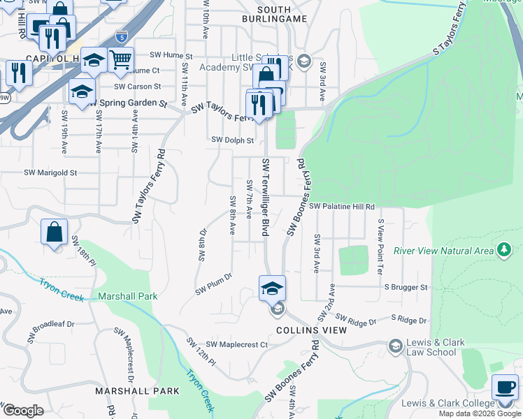 map of restaurants, bars, coffee shops, grocery stores, and more near 9139 Southwest Terwilliger Boulevard in Portland