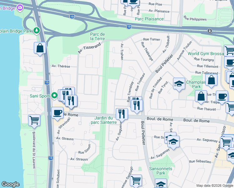map of restaurants, bars, coffee shops, grocery stores, and more near 7670 Avenue Trahan in Brossard