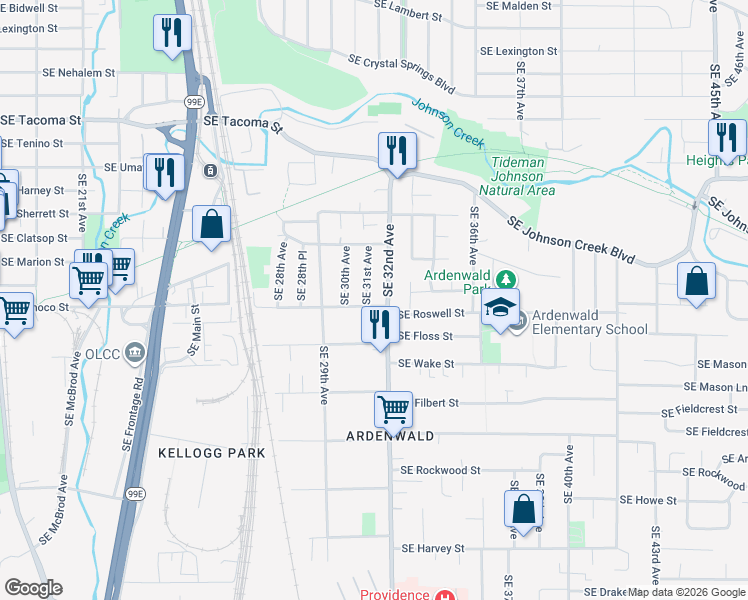 map of restaurants, bars, coffee shops, grocery stores, and more near 8825 Southeast 31st Avenue in Milwaukie