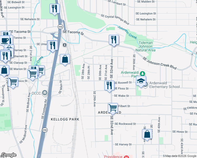 map of restaurants, bars, coffee shops, grocery stores, and more near 8826 Southeast 29th Avenue in Milwaukie