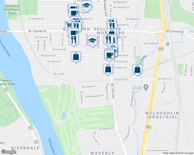 map of restaurants, bars, coffee shops, grocery stores, and more near 8809 Southeast 16th Avenue in Portland