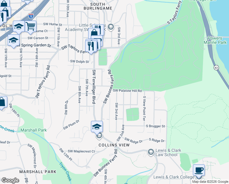 map of restaurants, bars, coffee shops, grocery stores, and more near 318 South Palatine Hill Road in Portland