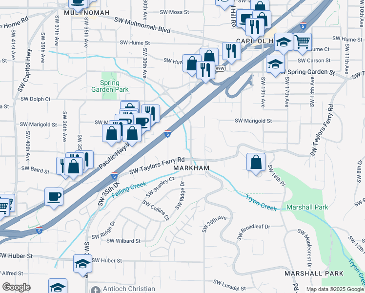 map of restaurants, bars, coffee shops, grocery stores, and more near 9125 Southwest 26th Avenue in Portland