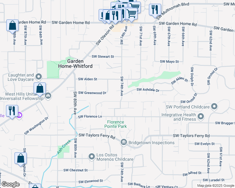 map of restaurants, bars, coffee shops, grocery stores, and more near 7520 Southwest Ashdale Court in Portland