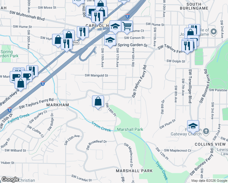 map of restaurants, bars, coffee shops, grocery stores, and more near 1721 Southwest Taylors Ferry Road in Portland