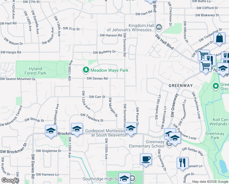 map of restaurants, bars, coffee shops, grocery stores, and more near 12970 Southwest Morgan Court in Beaverton
