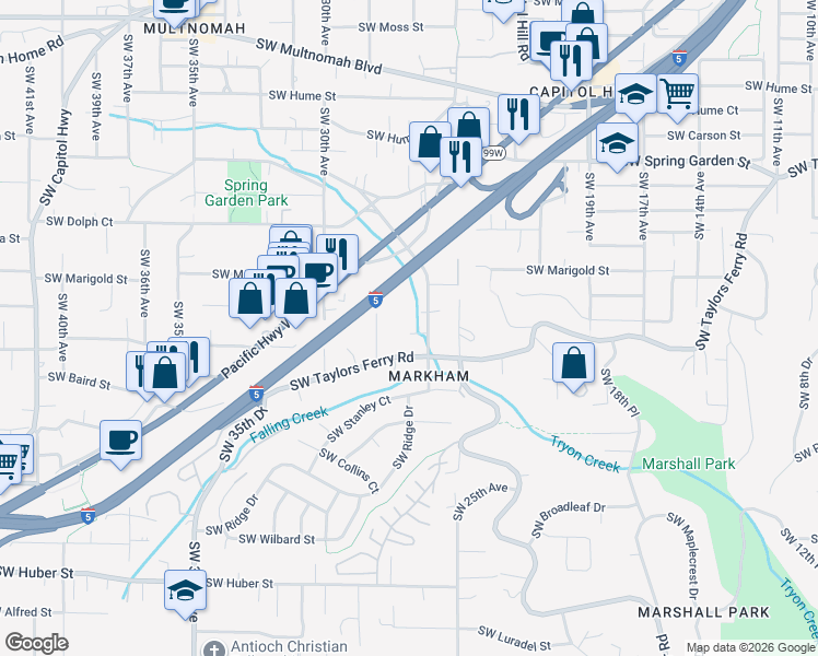 map of restaurants, bars, coffee shops, grocery stores, and more near 9125 Southwest 26th Avenue in Portland