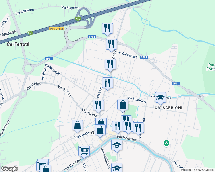 map of restaurants, bars, coffee shops, grocery stores, and more near 4 Via Basilicata in Mira Taglio