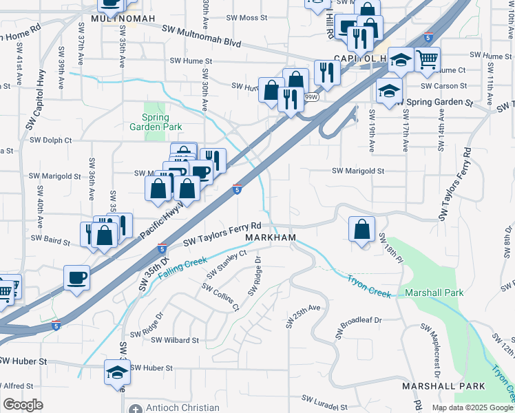 map of restaurants, bars, coffee shops, grocery stores, and more near 9125 Southwest 26th Avenue in Portland