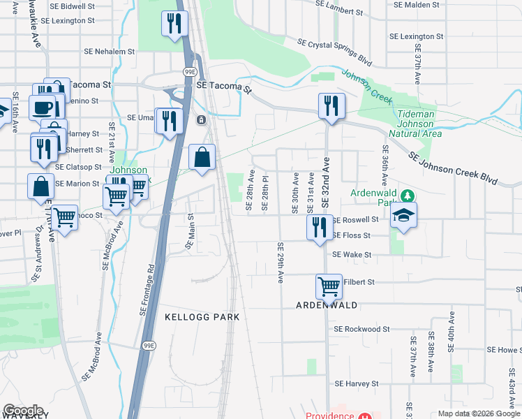 map of restaurants, bars, coffee shops, grocery stores, and more near 8835 Southeast 28th Place in Milwaukie