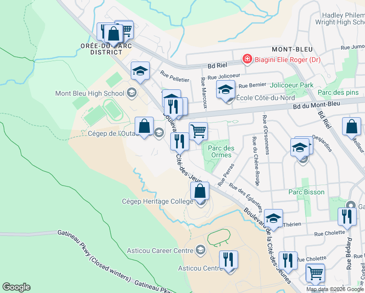 map of restaurants, bars, coffee shops, grocery stores, and more near 340 Boulevard de la Cité-des-Jeunes in Gatineau