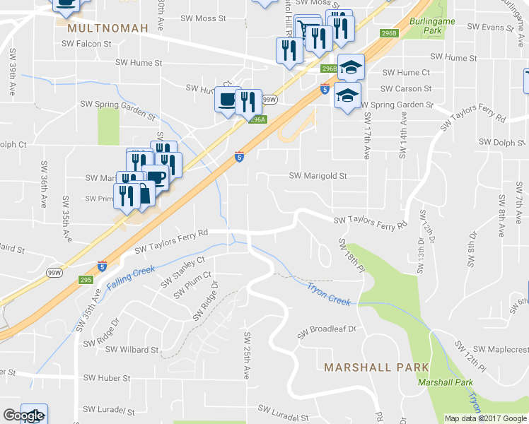 map of restaurants, bars, coffee shops, grocery stores, and more near 9134 Southwest 25th Avenue in Portland