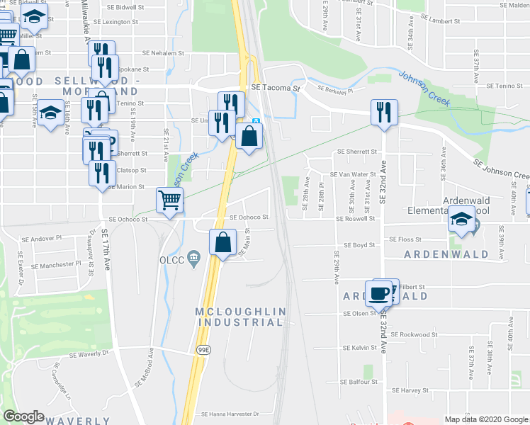 map of restaurants, bars, coffee shops, grocery stores, and more near 2479 Southeast Ochoco Street in Milwaukie