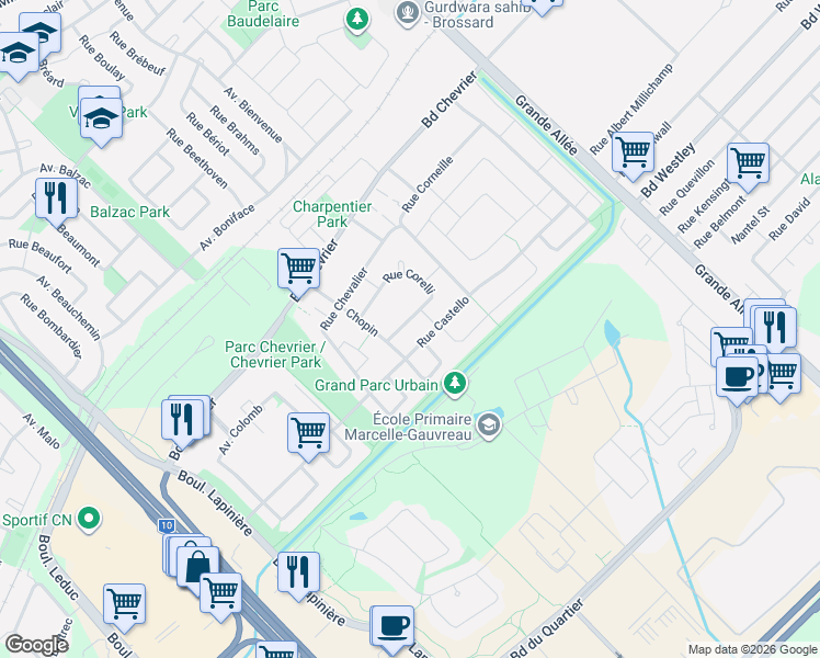 map of restaurants, bars, coffee shops, grocery stores, and more near 6855 Rue Corelli in Brossard