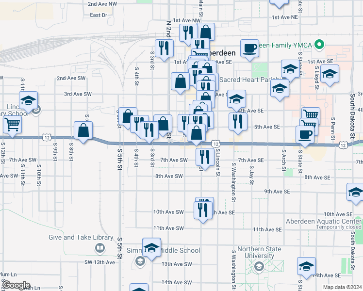 map of restaurants, bars, coffee shops, grocery stores, and more near 101 6th Avenue Southwest in Aberdeen