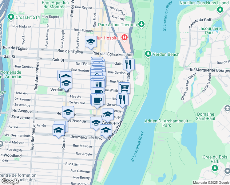 map of restaurants, bars, coffee shops, grocery stores, and more near 100 Rue Willibrord in Montréal