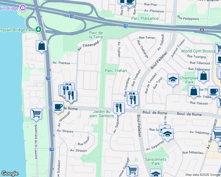 map of restaurants, bars, coffee shops, grocery stores, and more near 7683 Place Trahan in Brossard