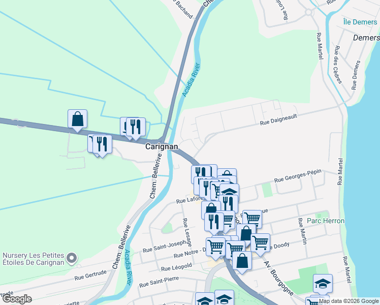 map of restaurants, bars, coffee shops, grocery stores, and more near 533 Boulevard de Périgny in Chambly