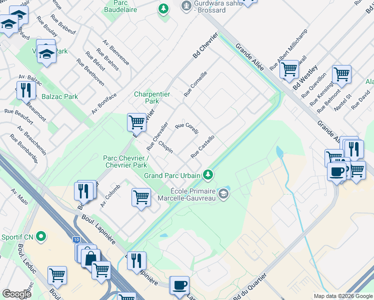 map of restaurants, bars, coffee shops, grocery stores, and more near 6855 Rue Corelli in Brossard
