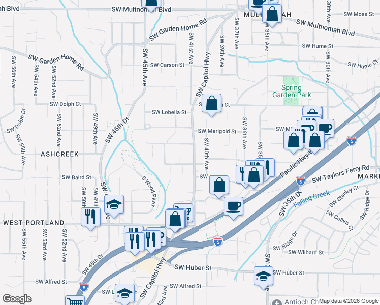 map of restaurants, bars, coffee shops, grocery stores, and more near 9139 Southwest Capitol Highway in Portland