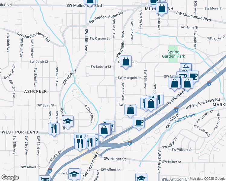map of restaurants, bars, coffee shops, grocery stores, and more near 9139 Southwest Capitol Highway in Portland